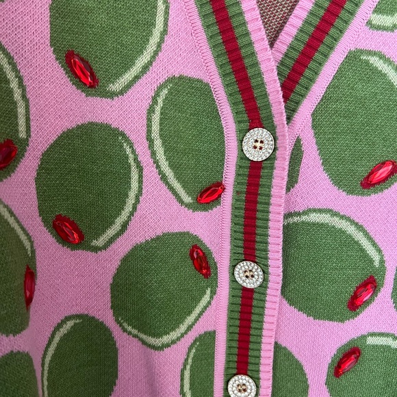QUEEN OF SPARKLES Pink and Green Olive Cardigan Sweater V-Neck - Picture 3 of 6